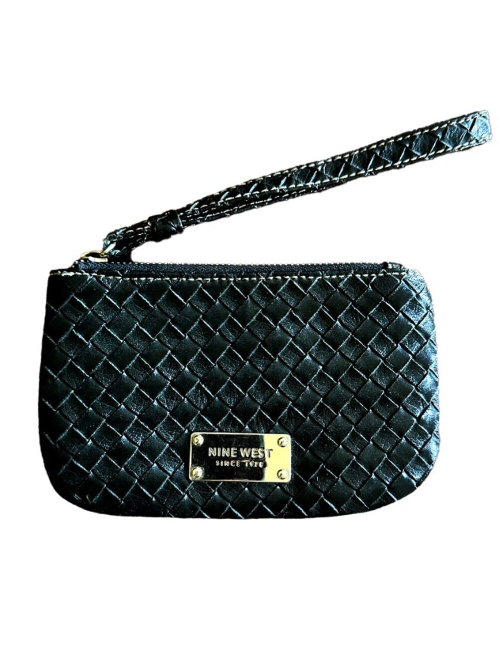 Nine West Black Woven Faux Leather Wristlet Clutch Coin Purse Zip